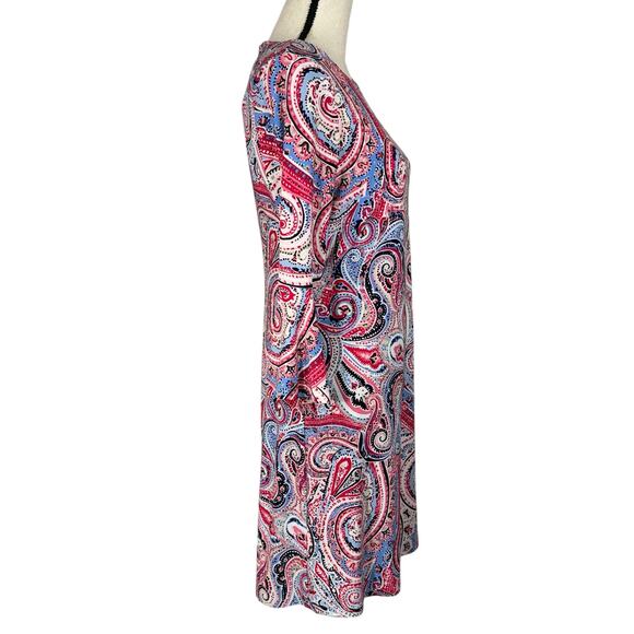 Tommy Hilfiger SZ 4 A-Line Dress Paisley 3/4 Bell Sleeves Stretch Round Neck Zip - Picture 4 of 10